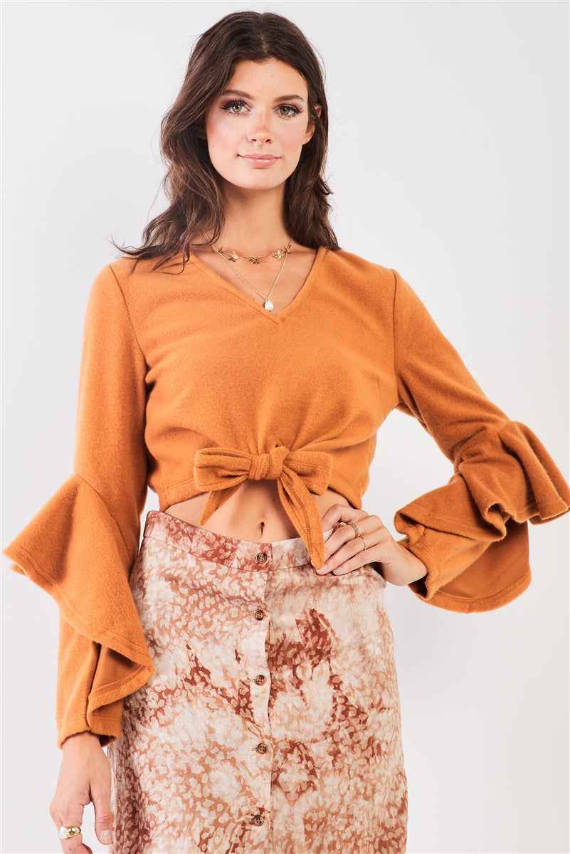 Sale - Fuzzy long ruffle sleeve v-neck self-tie front detail cropped top – On Sale Now