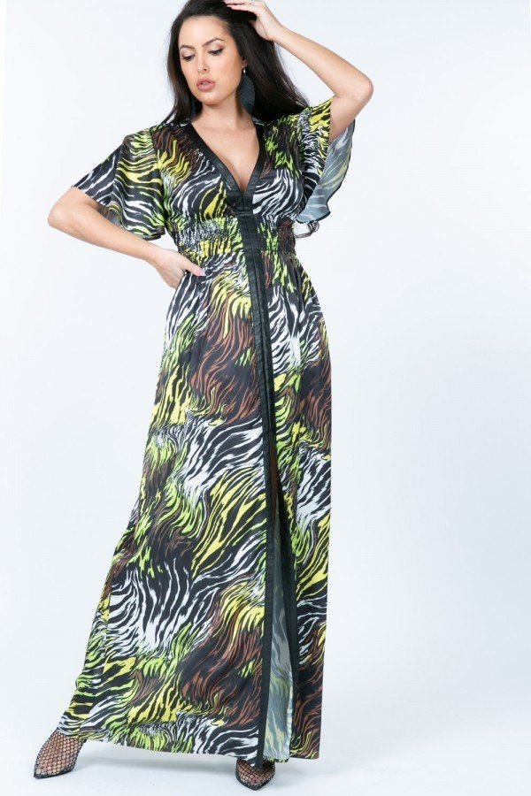Deep V Neck Slit Zebra Print Long Dress-Product Type | Naughty Smile Fashion