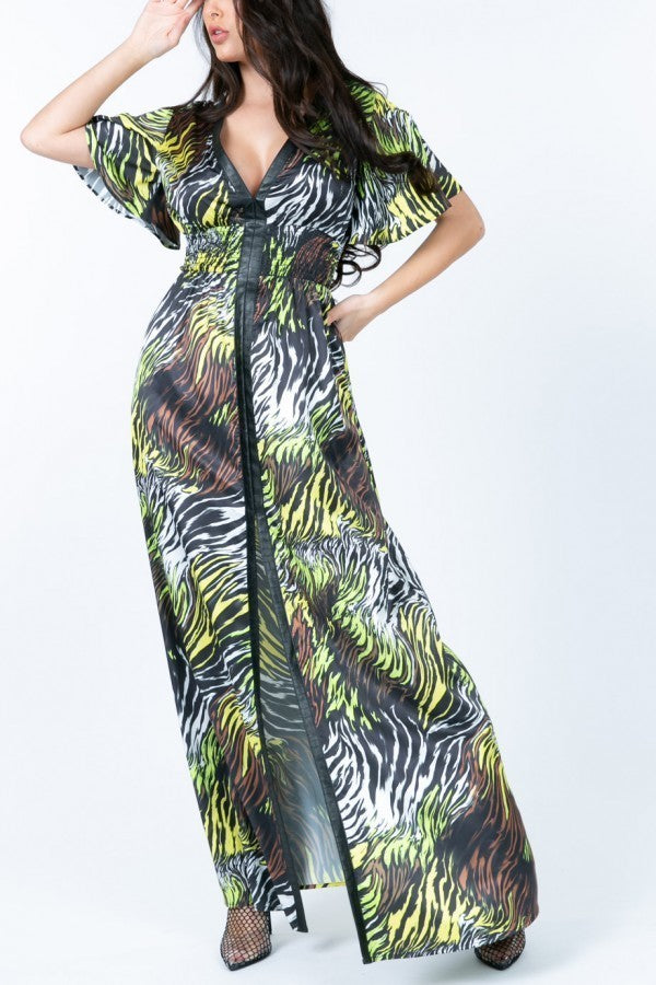 Deep V Neck Slit Zebra Print Long Dress-Product Type | Naughty Smile Fashion