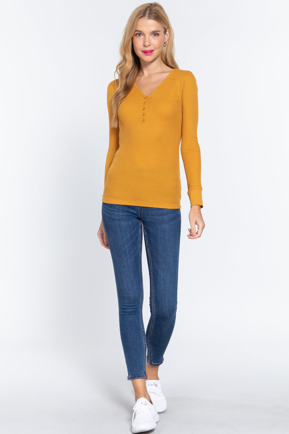 Long Slv V-neck Placket Thermal Top-Product Type | Naughty Smile Fashion