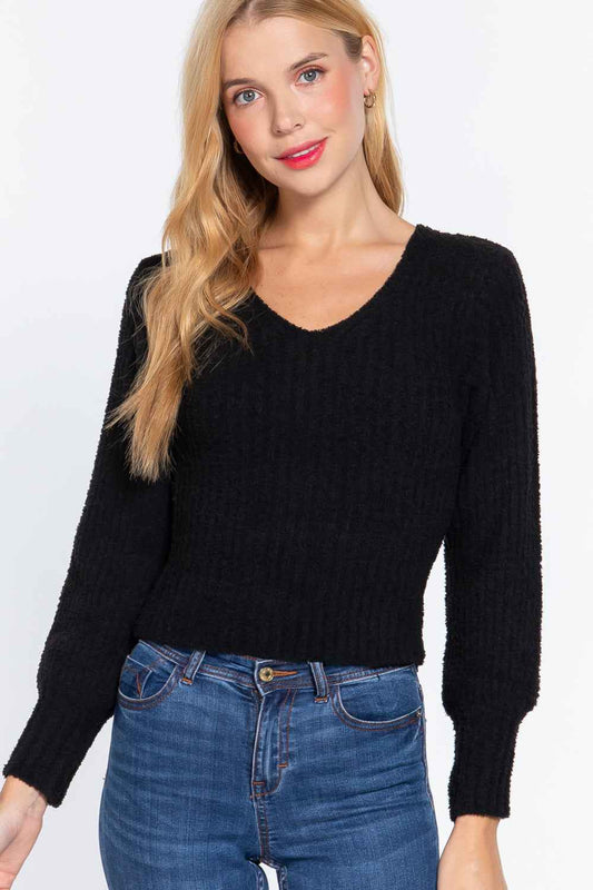 Sale - Long Puff Slv V-neck Rib Sweater – On Sale Now