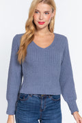 Long Puff Slv V-neck Rib Sweater-Product Type | Naughty Smile Fashion