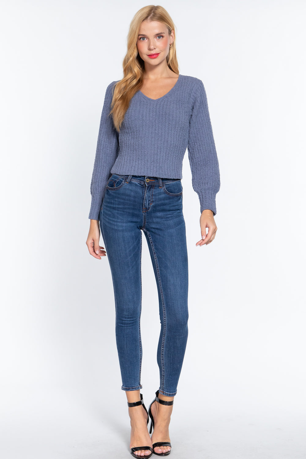 Long Puff Slv V-neck Rib Sweater-Product Type | Naughty Smile Fashion