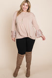 Plus Size Two Tier Velvet Animal Mesh Sleeves Solid Knit Top