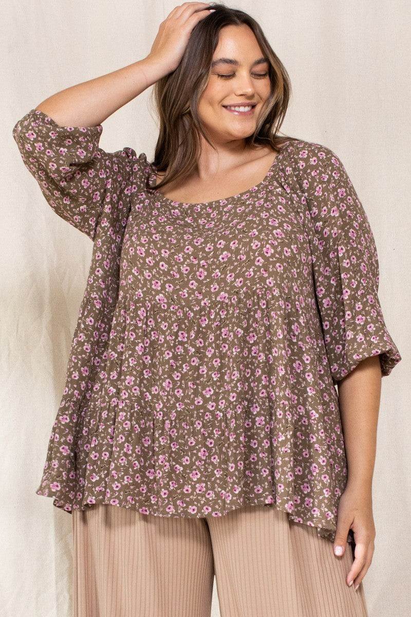 Plus Size Tiny Floral Printed Square Neckline Top – Stylish & Comfortable – men’s fashion, stylish and versatile