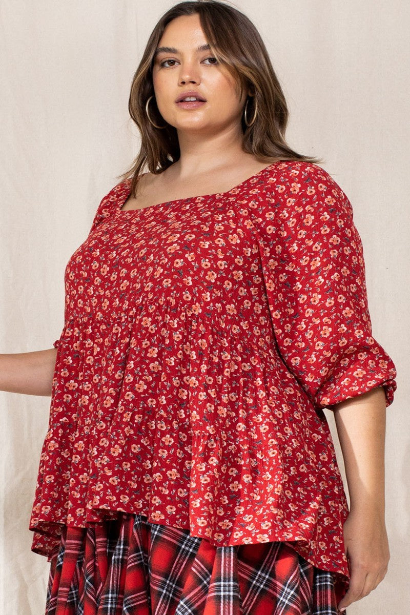 Plus Size Tiny Floral Printed Square Neckline Top – Stylish & Comfortable – men’s fashion, stylish and versatile