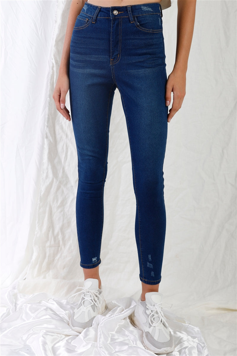 Sale - Dark Blue High-waisted With Rips Skinny Denim Jeans – On Sale Now