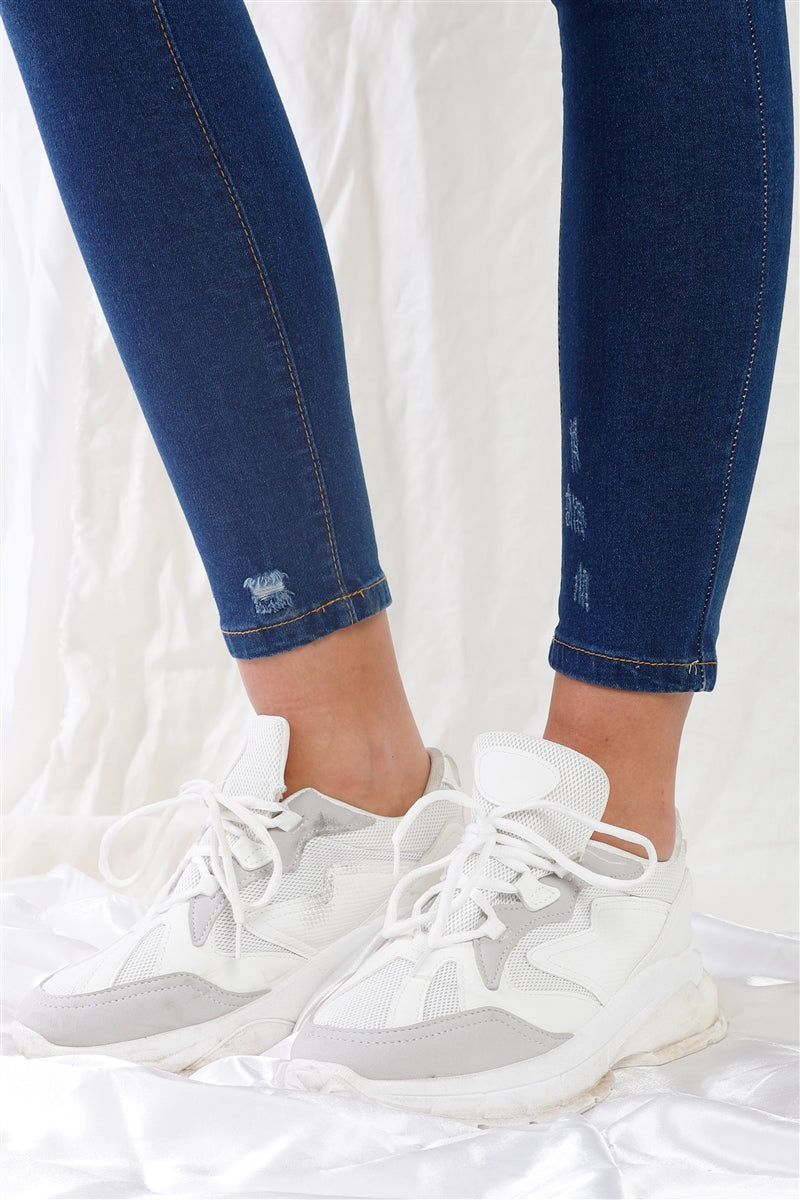 Dark Blue High-waisted With Rips Skinny Denim Jeans-Product Type | Naughty Smile Fashion