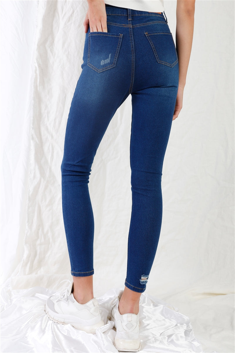 Dark Blue High-waisted With Rips Skinny Denim Jeans-Product Type | Naughty Smile Fashion