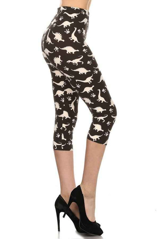 Dinosaur Printed High Waisted Capri Leggings With An Elastic Waist – multicolor, fashion, women style