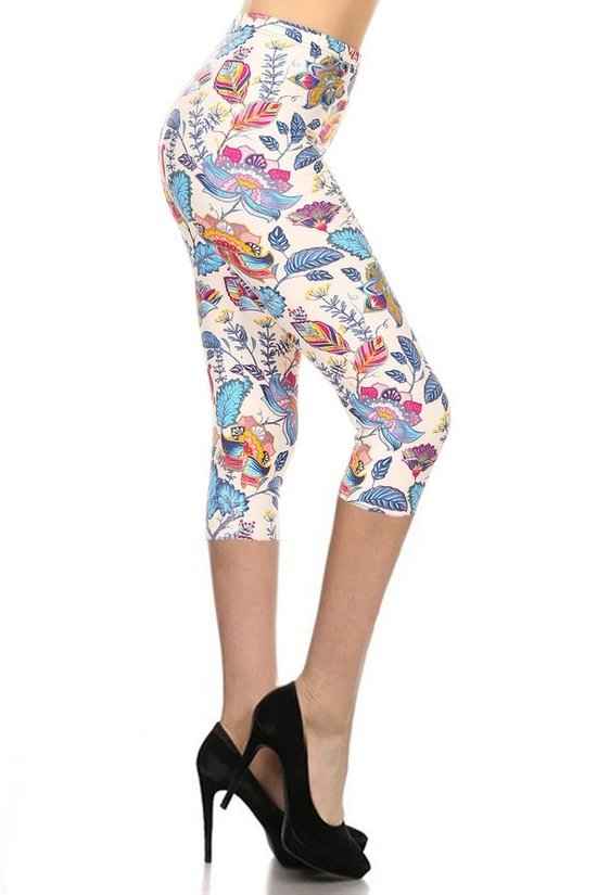 Floral Printed Lined Knit Capri Legging With Elastic Waistband – multicolor, fashion, women style