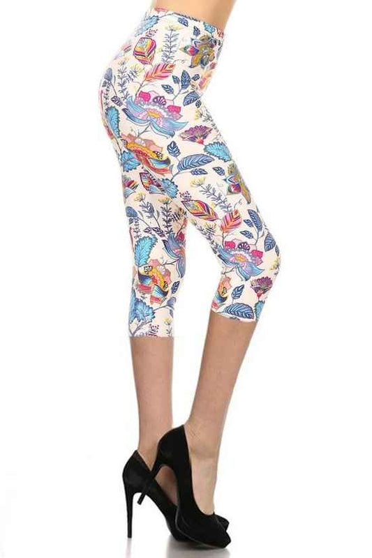 Floral Printed Lined Knit Capri Legging With Elastic Waistband – multicolor, fashion, women style
