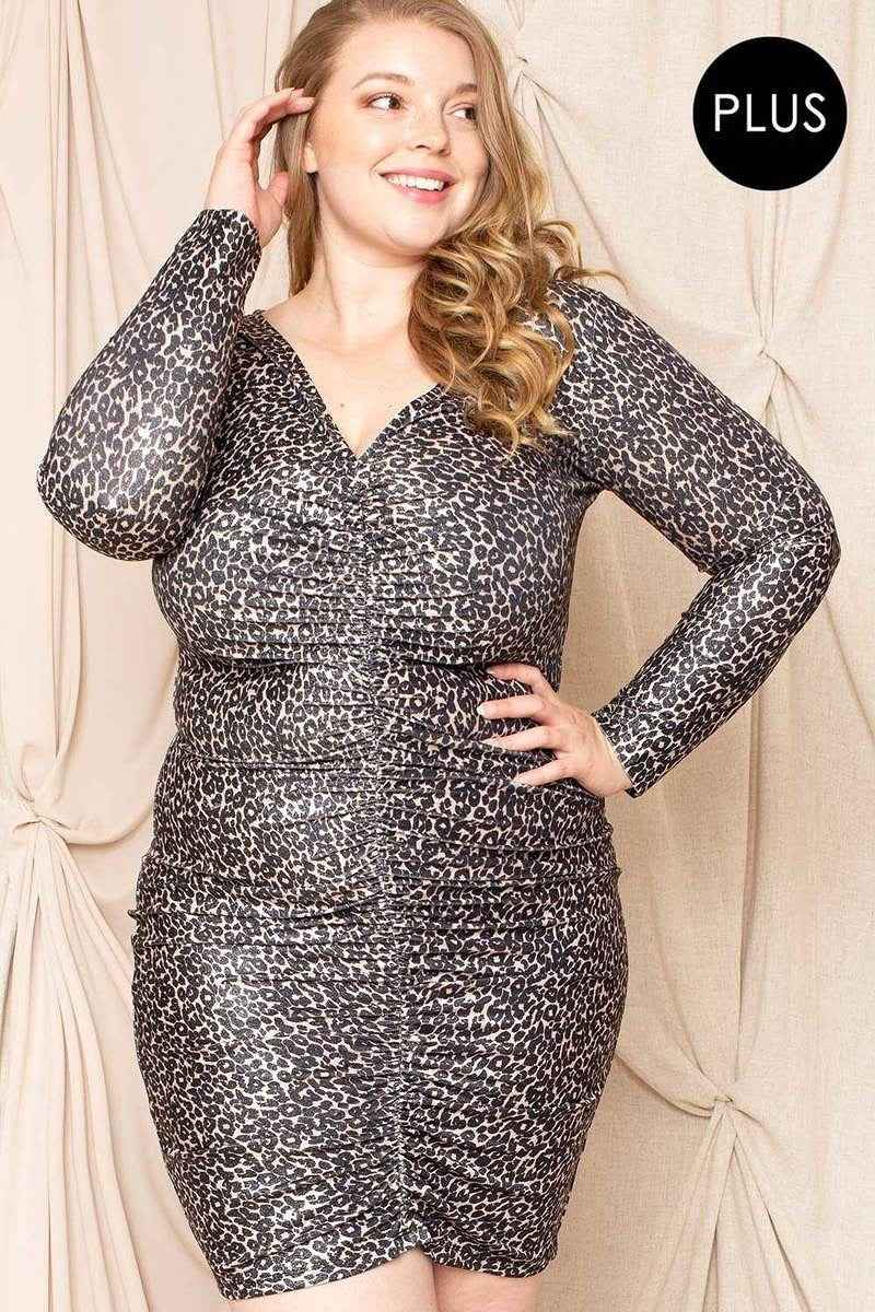 Leopard Print Shirring Plus Size Mini Dress – Stylish & Comfortable – men’s fashion, stylish and versatile