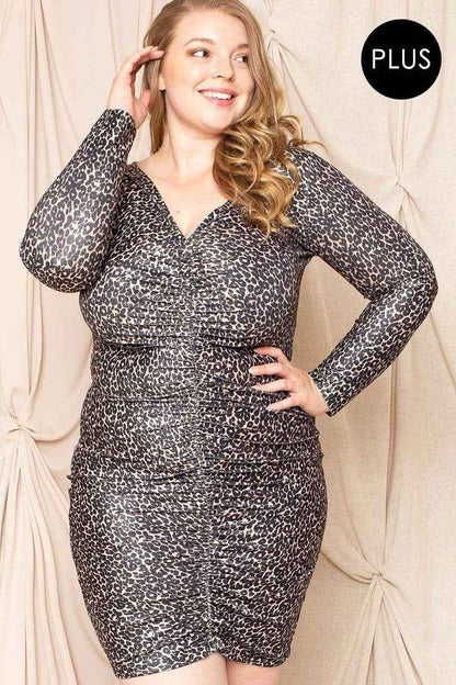 Leopard Print Shirring Plus Size Mini Dress – Stylish & Comfortable – men’s fashion, stylish and versatile
