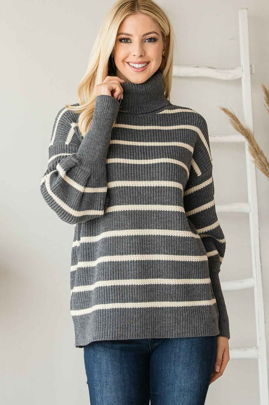 Sale - Heavy Knit Striped Turtle Neck Knit Sweater – On Sale Now