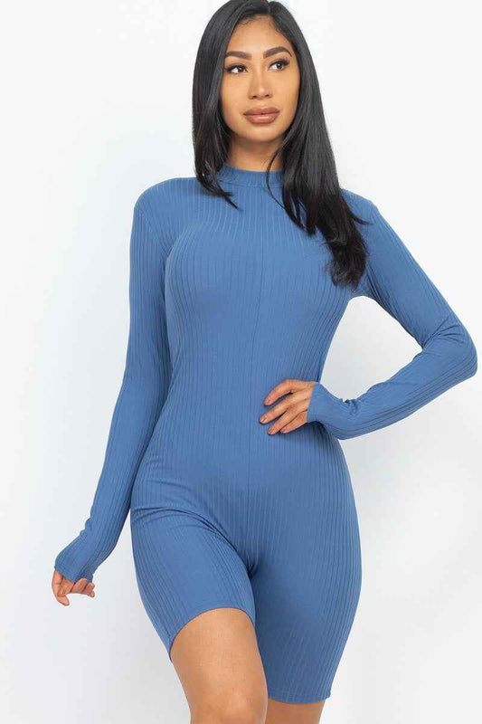 Ribbed Knit Romper – blue, fashion, women style