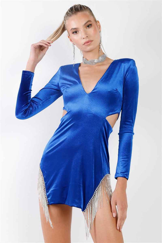 Sale - Royal Blue Velvet Side Slits With Rhinestone Trim V-neck Long Sleeve Cut-out Mini Dress – On Sale Now