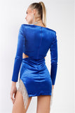 Royal Blue Velvet Side Slits With Rhinestone Trim V-neck Long Sleeve Cut-out