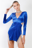 Royal Blue Velvet Side Slits With Rhinestone Trim V-neck Long Sleeve Cut-out