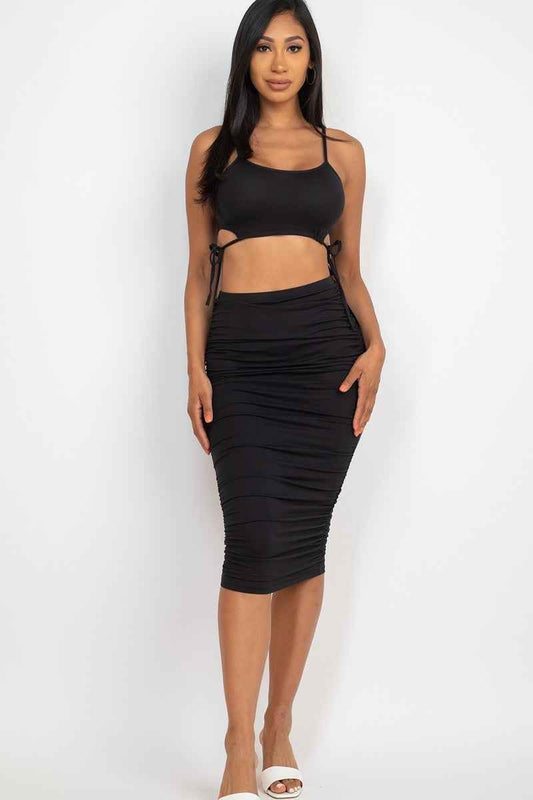 Sale - Cut-out Tie Side Crop Top & Ruched Midi Skirt Set – On Sale Now
