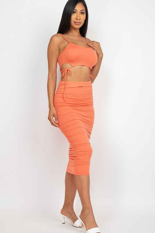 Sale - Cut-out Tie Side Crop Top & Ruched Midi Skirt Set – On Sale Now