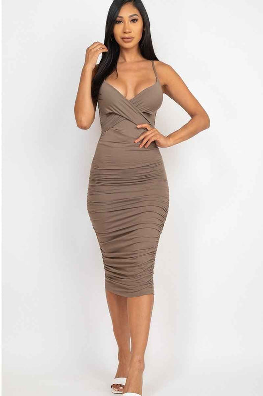 Sale - Cross Wrap Ruched Midi Dress – On Sale Now