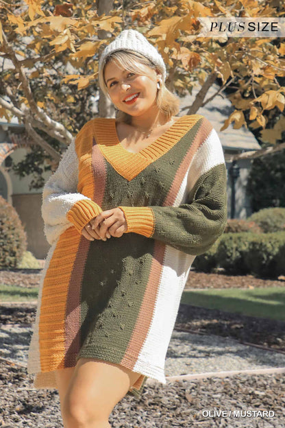 Plus Size Oversized Multicolor Bouclé V-neck Pullover Sweater Dress With Side Slit – Stylish & Comfortable – men’s fashion, stylish and versatile