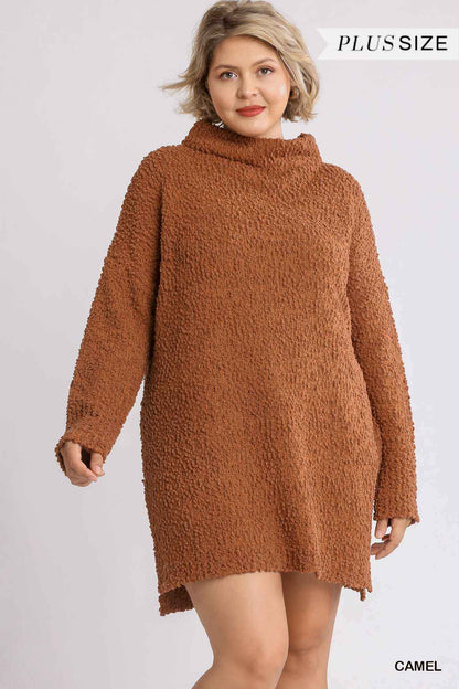 Plus Size High Cowl Neck Bouclé Long Sleeve Sweater Dress – Stylish & Comfortable – men’s fashion, stylish and versatile