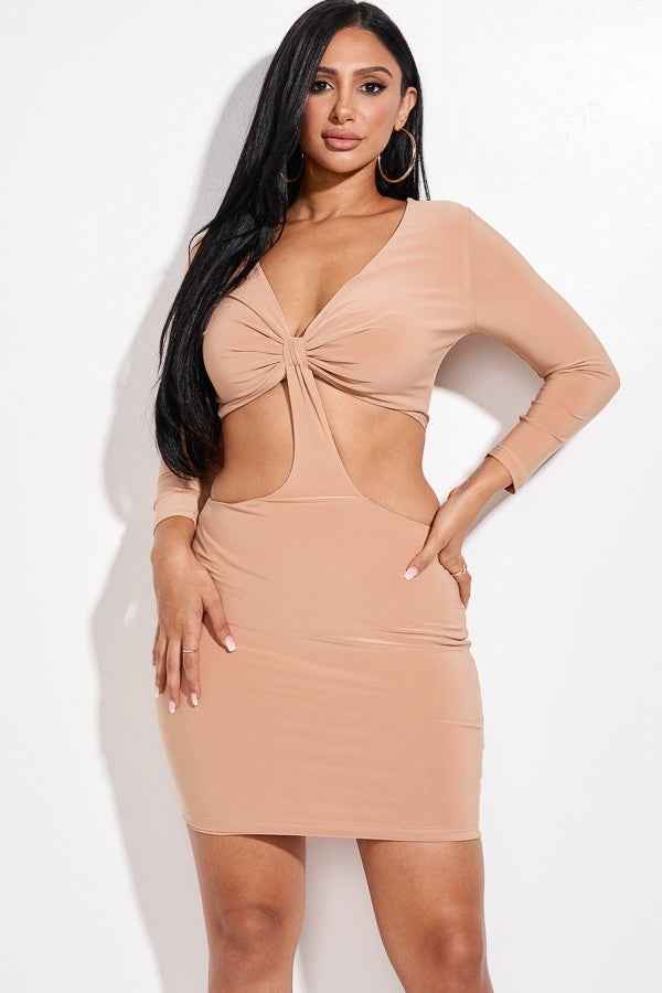 Sale - Solid 3/4 Sleeve Ruched Cutout Dress – On Sale Now