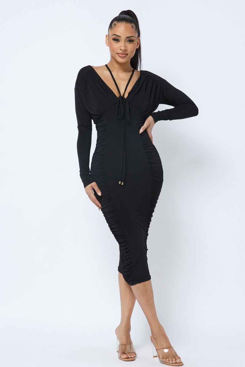 Long Sleeve Midi Dress With Low V Neck Front And Back With Ruching On Sides And Chest-Product Type | Naughty Smile Fashion