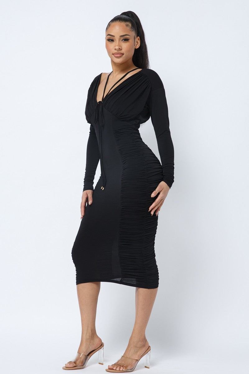 Long Sleeve Midi Dress With Low V Neck Front And Back With Ruching On Sides And Chest-Product Type | Naughty Smile Fashion