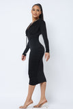 Long Sleeve Midi Dress With Low V Neck Front And Back With Ruching On Sides And