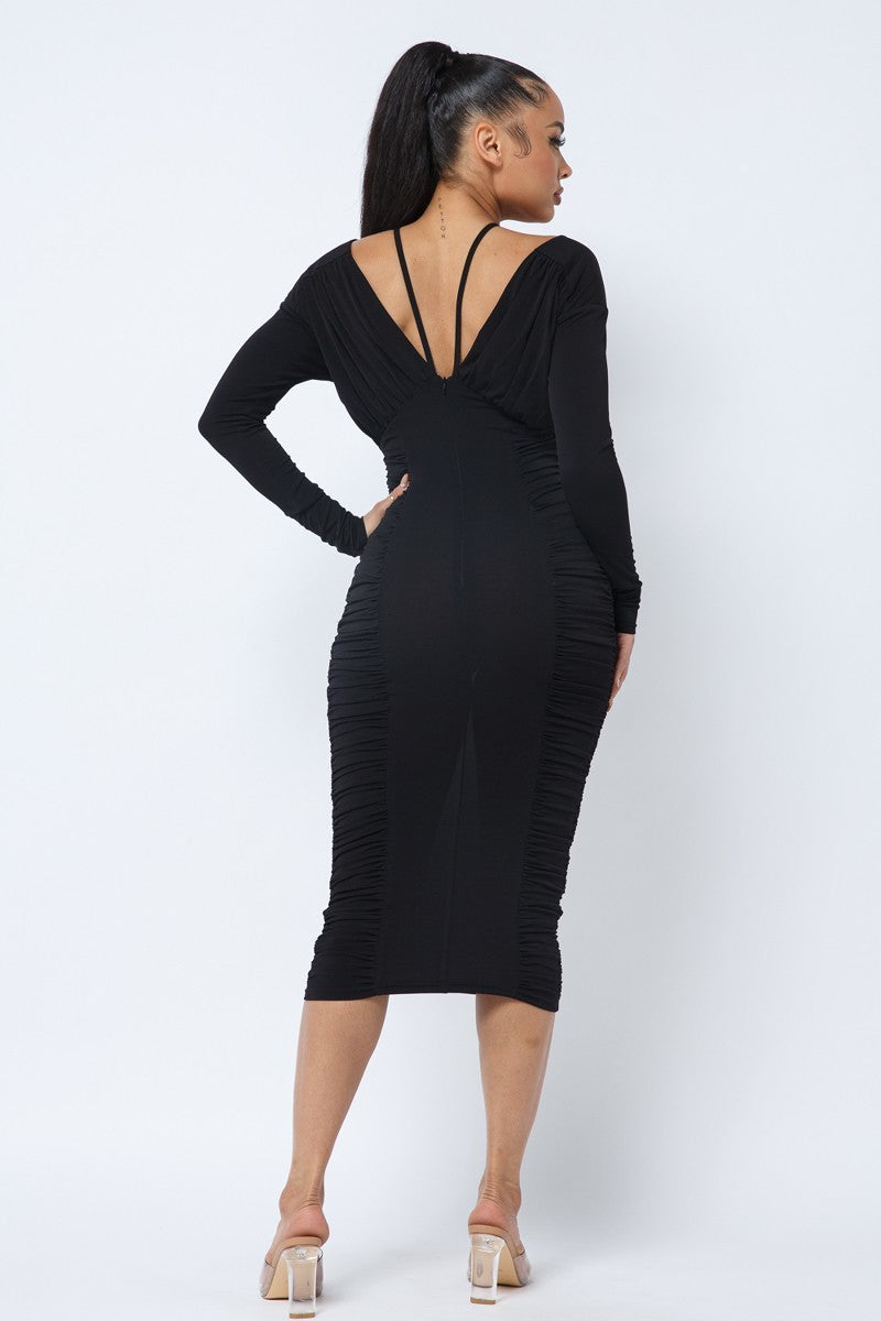 Long Sleeve Midi Dress With Low V Neck Front And Back With Ruching On Sides And Chest-Product Type | Naughty Smile Fashion