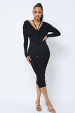 Long Sleeve Midi Dress With Low V Neck Front And Back With Ruching On Sides And