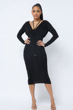 Long Sleeve Midi Dress With Low V Neck Front And Back With Ruching On Sides And