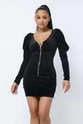 Soft Velvet Pleated Puff Sleeve Low V Neck Front And Back Mini Dress-Product Type | Naughty Smile Fashion