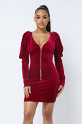 Soft Velvet Pleated Puff Sleeve Low V Neck Front And Back Mini Dress-Product Type | Naughty Smile Fashion