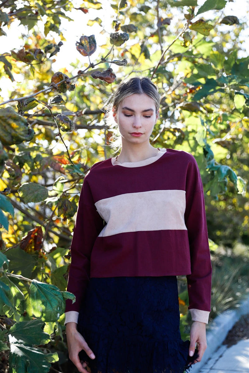 Burgundy Colorblock Long Sleeve Crop Top-Product Type | Naughty Smile Fashion