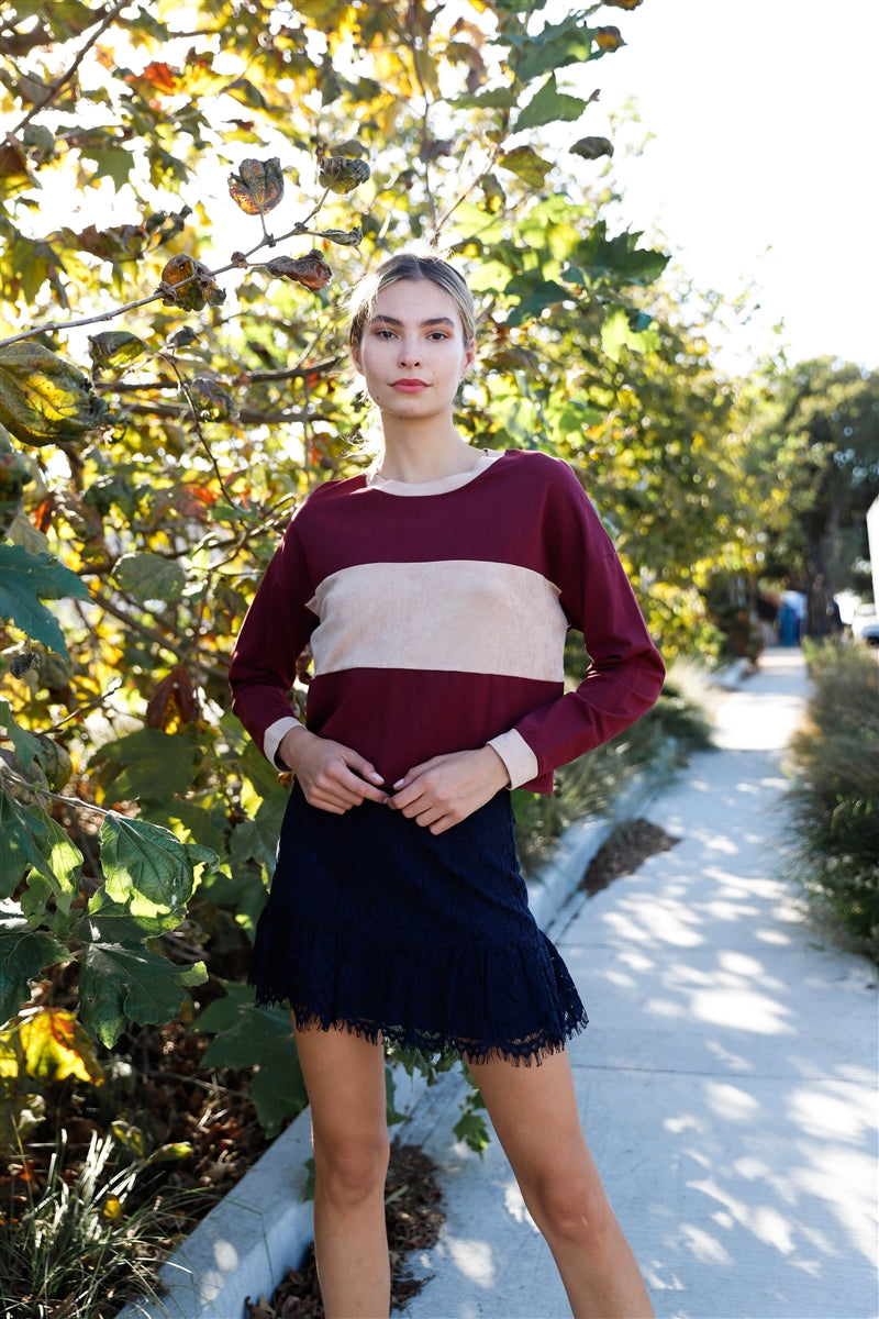 Burgundy Colorblock Long Sleeve Crop Top-Product Type | Naughty Smile Fashion