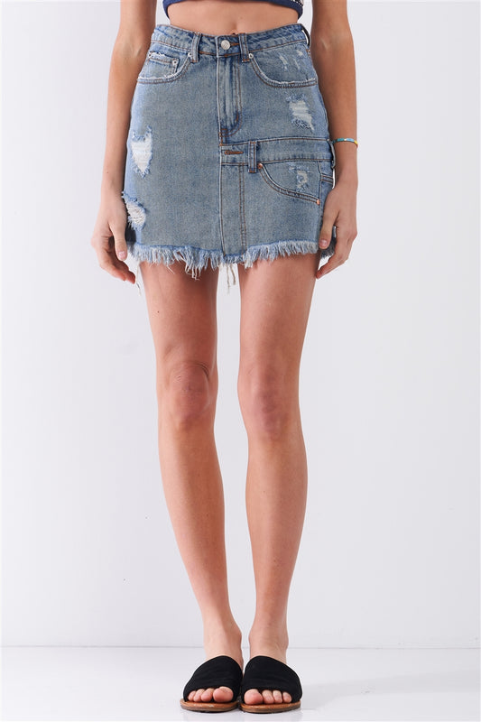 Sale - Medium Blue Denim High-waist Distressed Effect Asymmetrical Trim Raw Hem Detail Mini Skirt – On Sale Now
