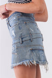 Medium Blue Denim High-waist Distressed Effect Asymmetrical Trim Raw Hem Detail