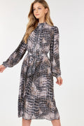 Long Sleeve Pleated Snake Skin Print Midi Dress-Product Type | Naughty Smile Fashion