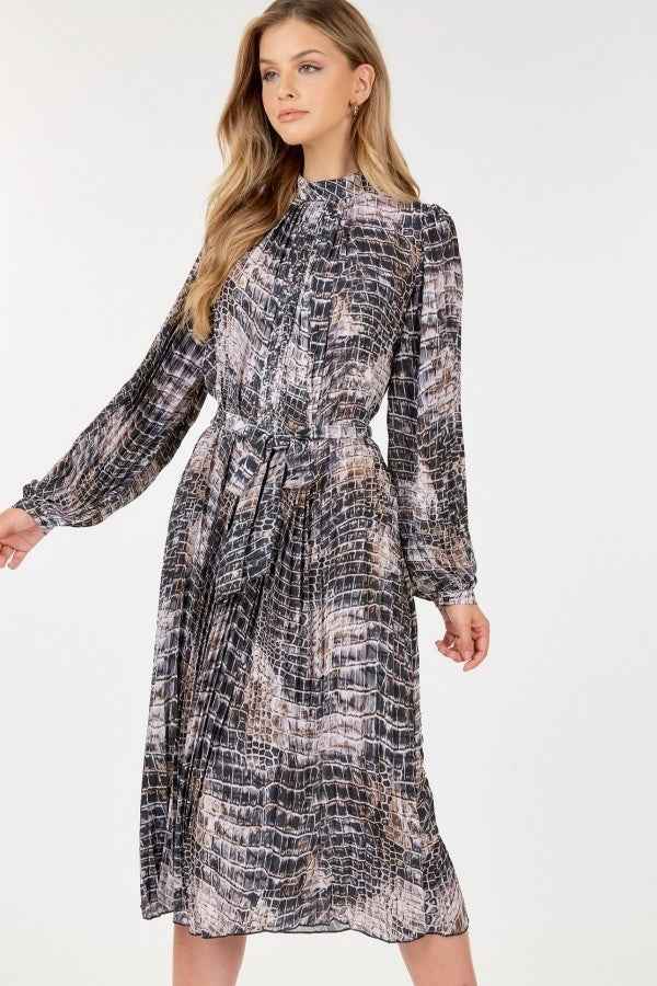 Sale - Long Sleeve Pleated Snake Skin Print Midi Dress – On Sale Now