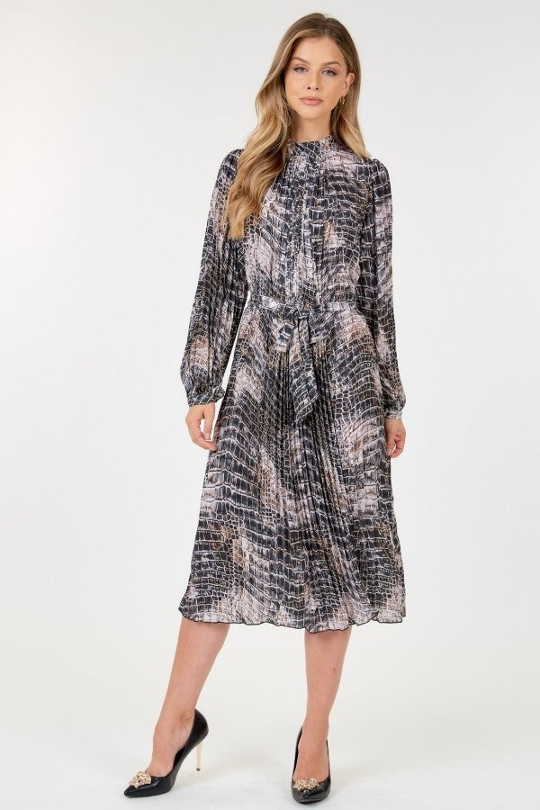 Long Sleeve Pleated Snake Skin Print Midi Dress-Product Type | Naughty Smile Fashion