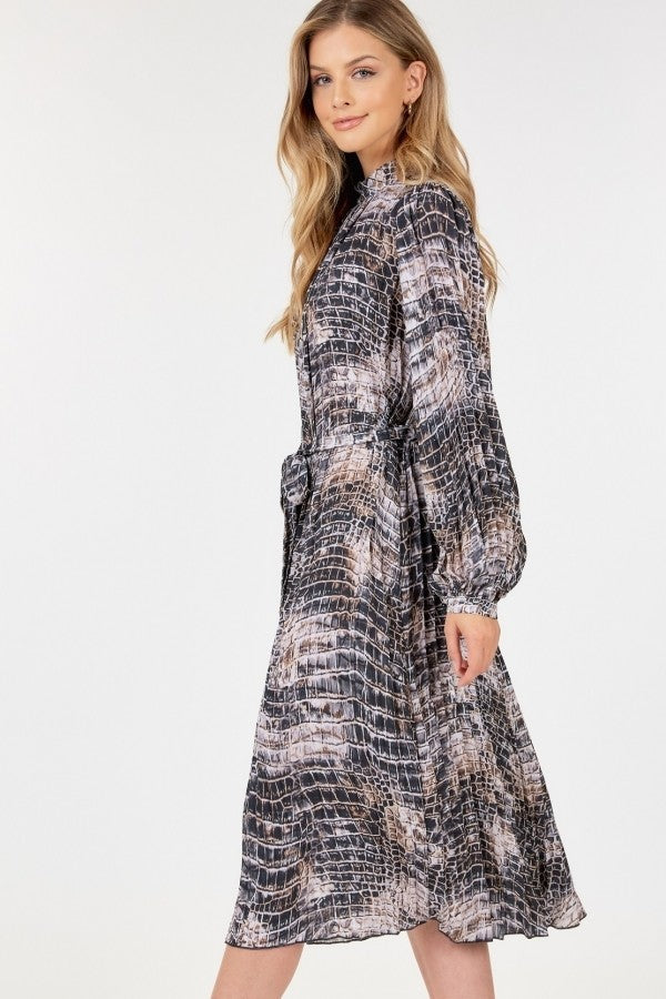 Long Sleeve Pleated Snake Skin Print Midi Dress-Product Type | Naughty Smile Fashion
