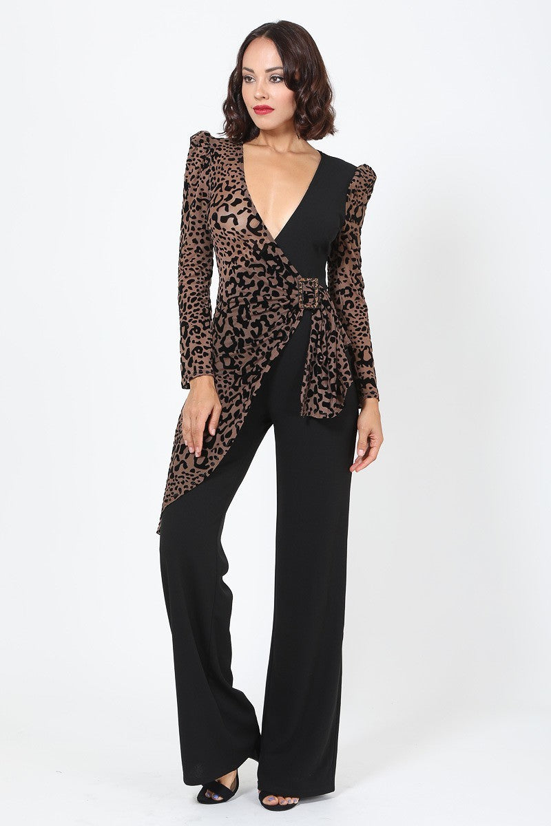 Plunging V Buckle Detail Leopard Jumpsuit-Product Type | Naughty Smile Fashion