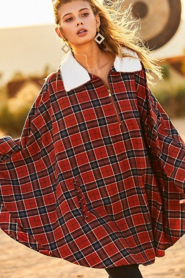 Mock Neck With Zipper Contrast Inside Front Pocket Plaid Poncho-Product Type | Naughty Smile Fashion