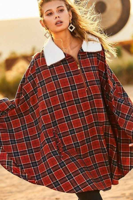 Sale - Mock Neck With Zipper Contrast Inside Front Pocket Plaid Poncho – On Sale Now
