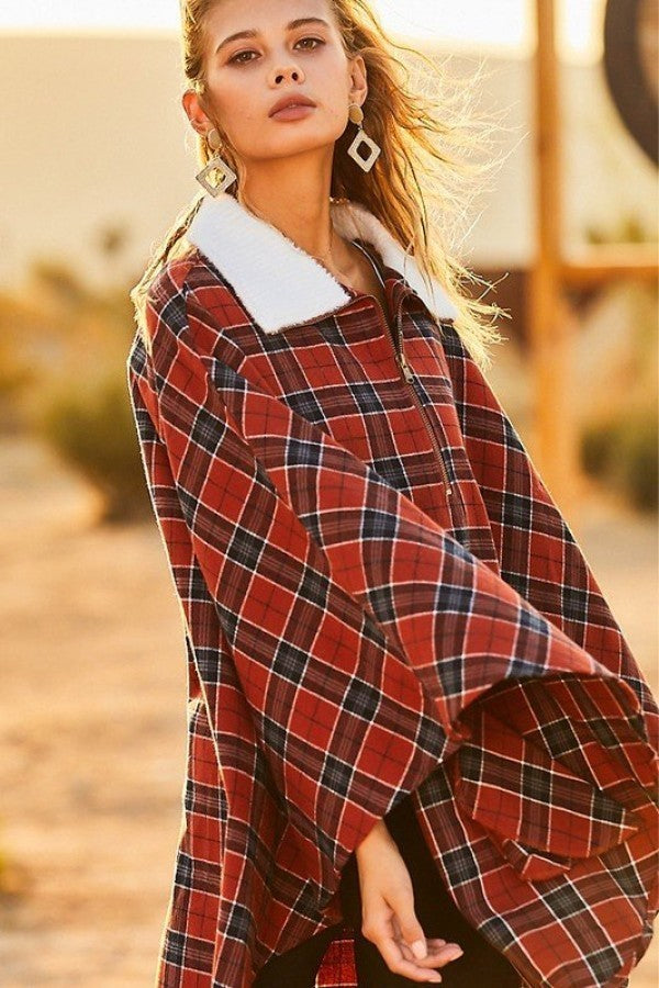 Mock Neck With Zipper Contrast Inside Front Pocket Plaid Poncho-Product Type | Naughty Smile Fashion