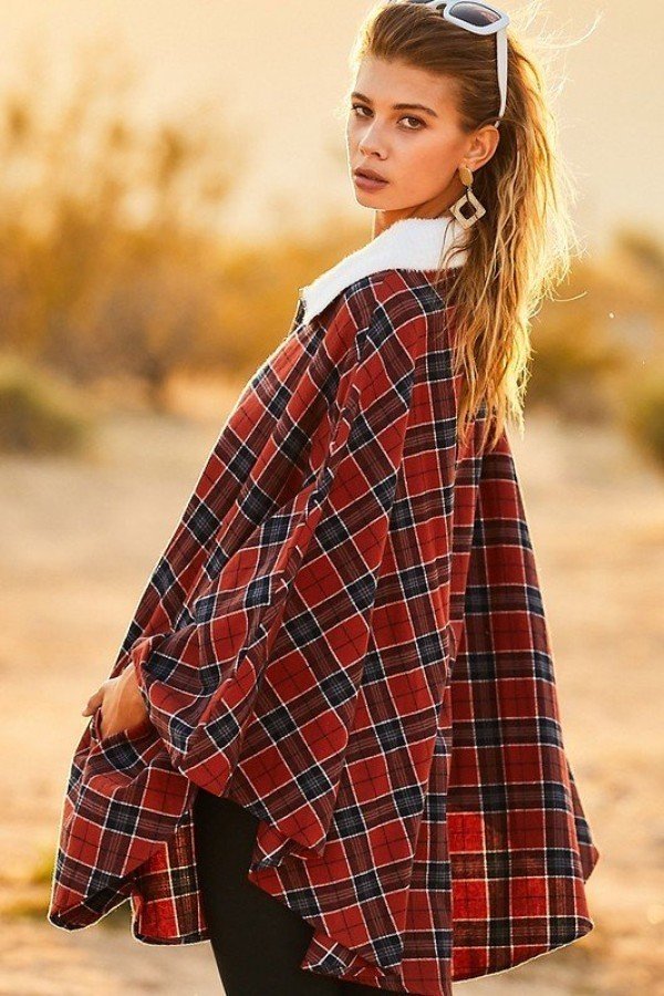 Mock Neck With Zipper Contrast Inside Front Pocket Plaid Poncho-Product Type | Naughty Smile Fashion